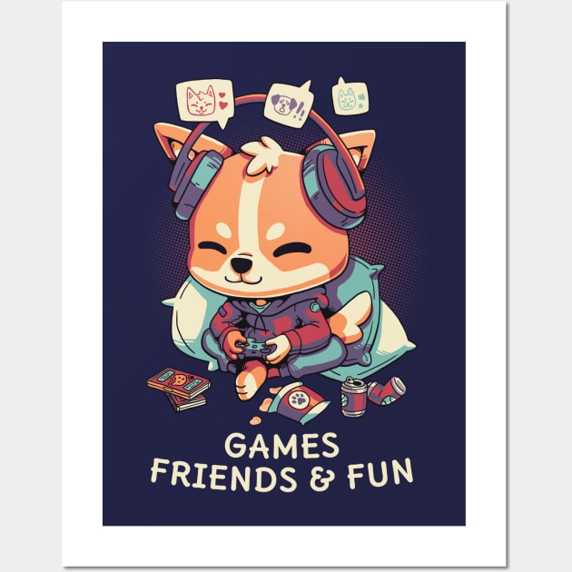 Games, friends and fun // Cute corgi gamer, puppy playing Wall Art by Geekydog